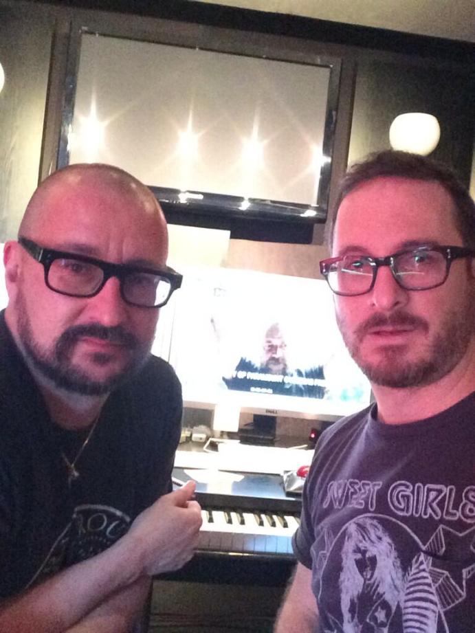 Photo from Darren Aronofsky's Twitter, Aronofsky and Mansell working n the score for the upcoming film, Noah.