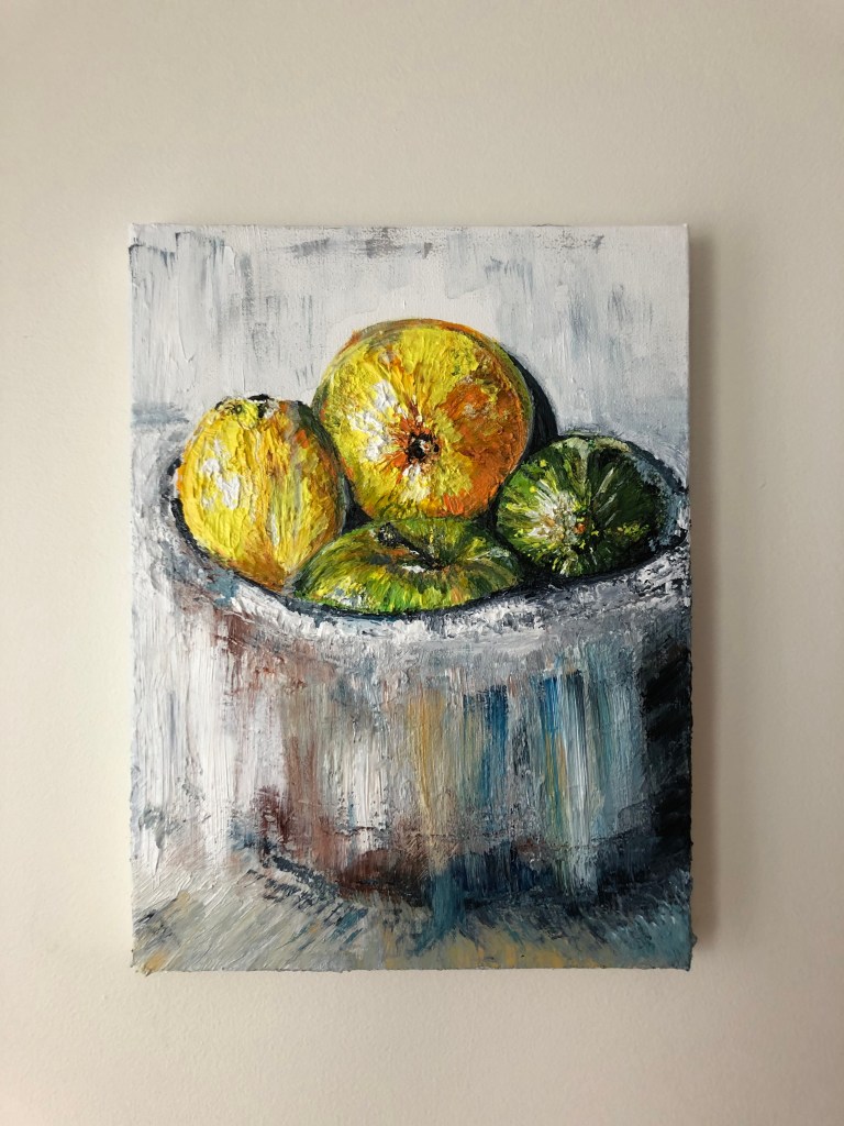 Painting of a bowl of fruit with lemons on top