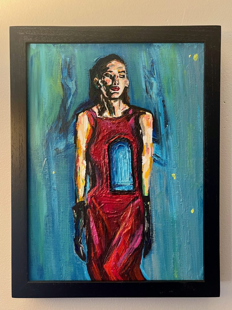 Painting of woman in red dress with a window through her torso, faded arms reach out behind her