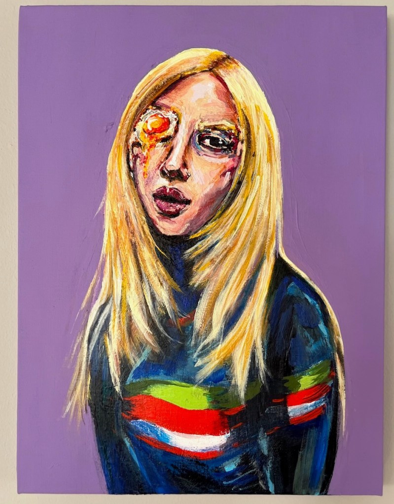 Painting of blonde woman with a runny egg covering her right eye