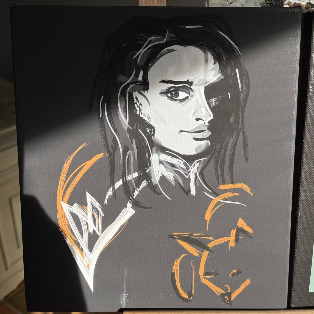 Gray scale image of woman with orange outline of a fox wrapped around her.