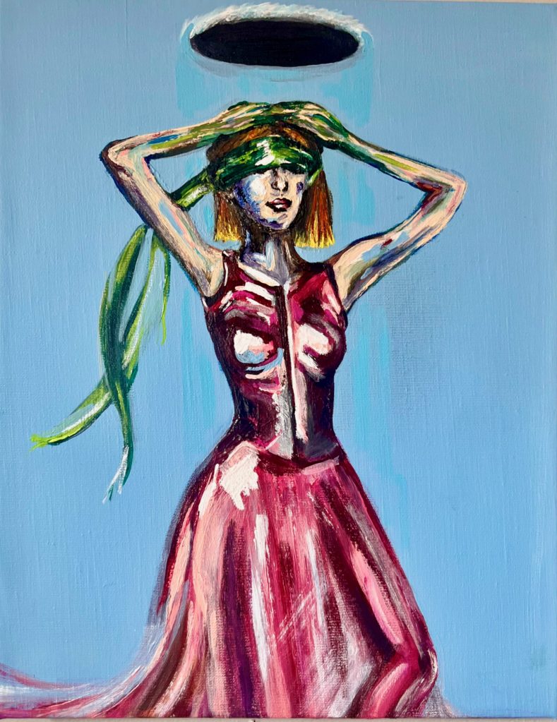Painting of woman in pink dress and green blindfold, with her hands on her head and a hole in the sky above her